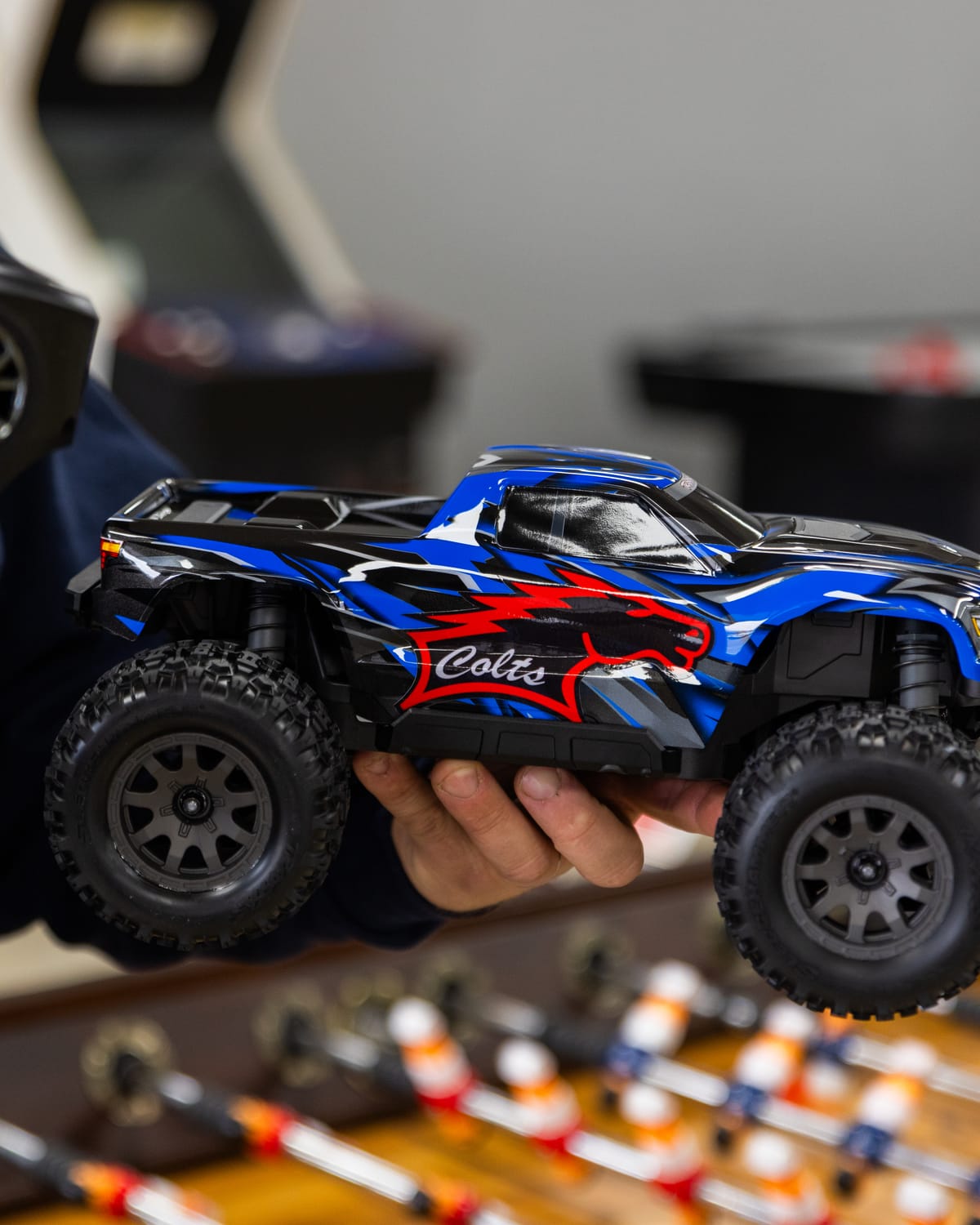 RC monster truck wrapped in Mountain View Colts vinyl